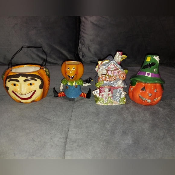 NIB TEA LIGHT HALLOWEEN CANDLE HOLDERS CERAMIC HAND-CRAFTED BUNDLE & CANDY BOWL - Picture 1 of 16